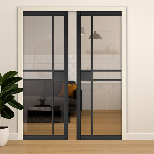 Black Pryda Clear Glazed Double Pocket Door Set