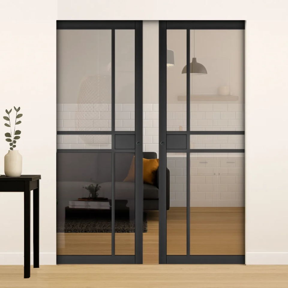 Pryda Black Clear Glazed Double Flush Pocket Door Set – Emerald Doors