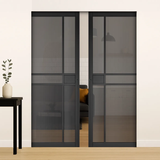 Pryda Black Tinted Glazed Double Flush Pocket Door Set