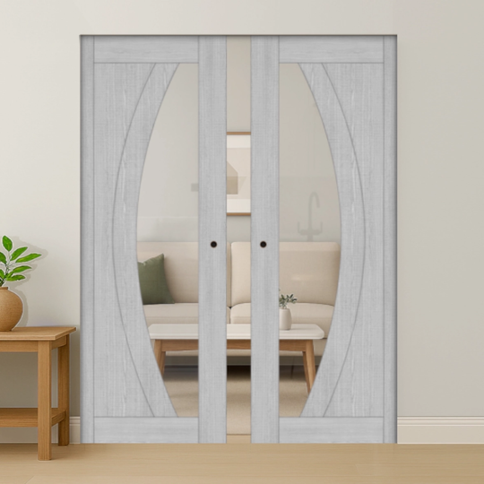 Ravello Light Grey Clear Glazed Double Flush Pocket Door Set