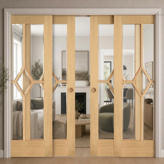 Reims Oak Clear Glazed Fully Finished 4 Door Telescopic Pocket Door System