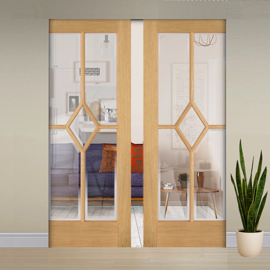 Oak Reims 5L Clear Glazed Flush Double Pocket Door Set