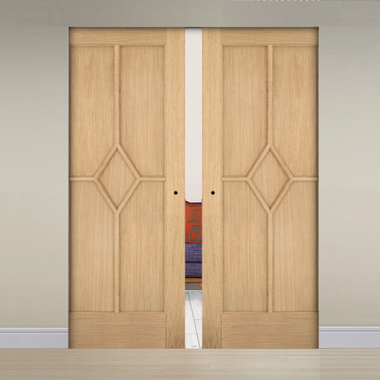 Reims Oak 5 Panel Flush Double Pocket Door Set