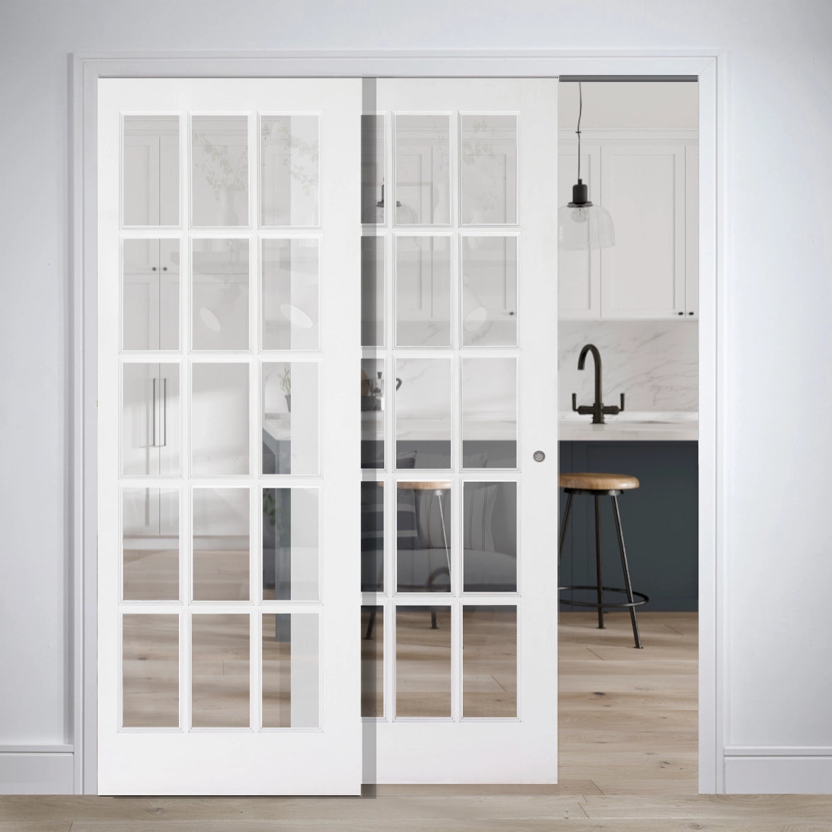 Solid White SA15 Glazed Telescopic Pocket Door System – Emerald Doors