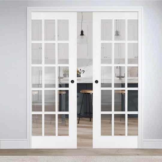 Solid White SA15 Clear Glazed Double Pocket Door Set