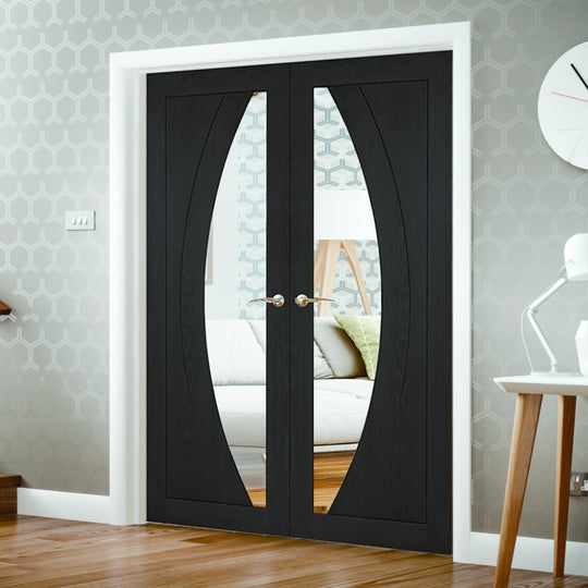 Oak Salerno Custom Stained Clear Glazed French Doors