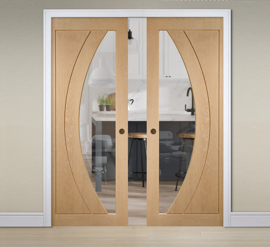 Salerno Oak Clear Glazed Double Pocket Door System