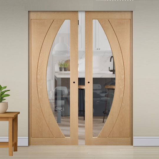 Ravello Oak Clear Glazed Flush Double Pocket Door Set