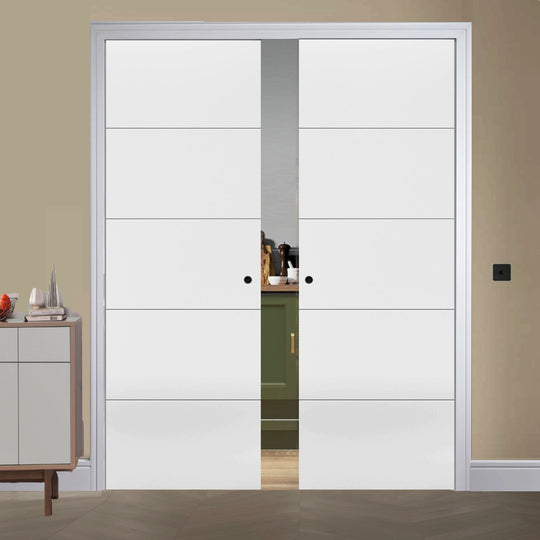 Santandor White 5 Panel Double Pocket Door Set