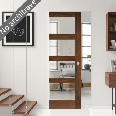 Walnut Shaker 4L Clear Glazed Flush Pocket Door Set