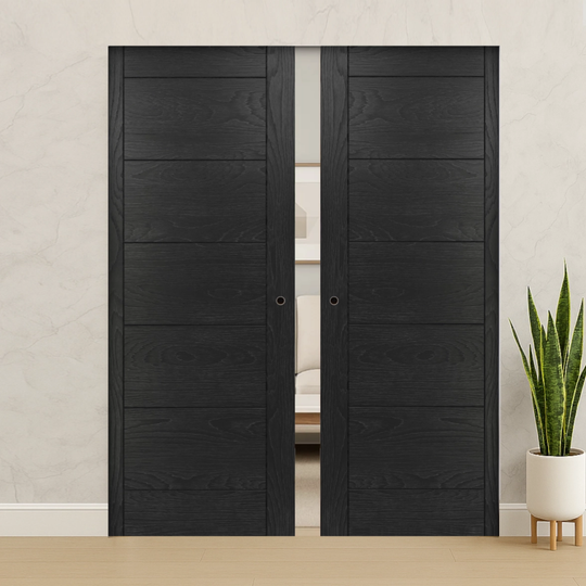 Seville Brushed Black Oak Double Flush Pocket Door Set