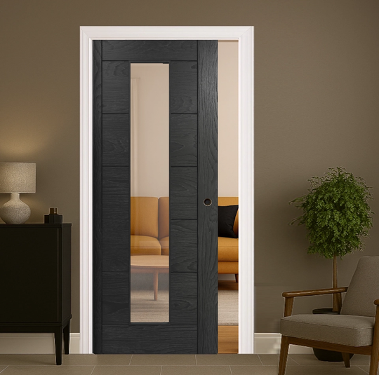 Seville Brushed Black Oak Clear Glazed Pocket Door Set