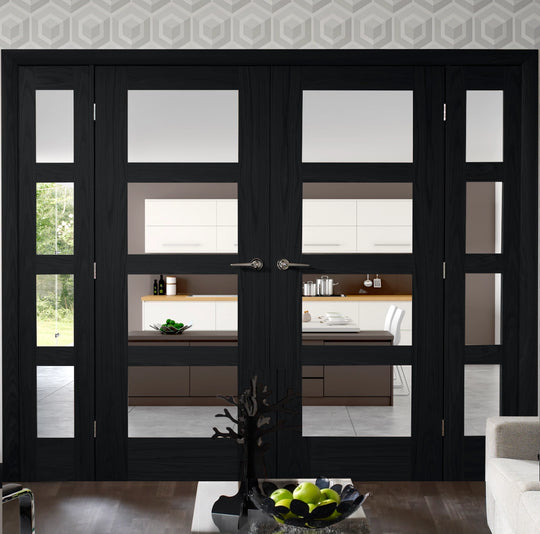 Shaker Clear Glazed Brushed Black Oak French Doors with Demi Panels