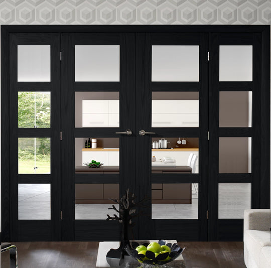 Shaker Clear Glazed Brushed Black Oak French Doors with Side Panels