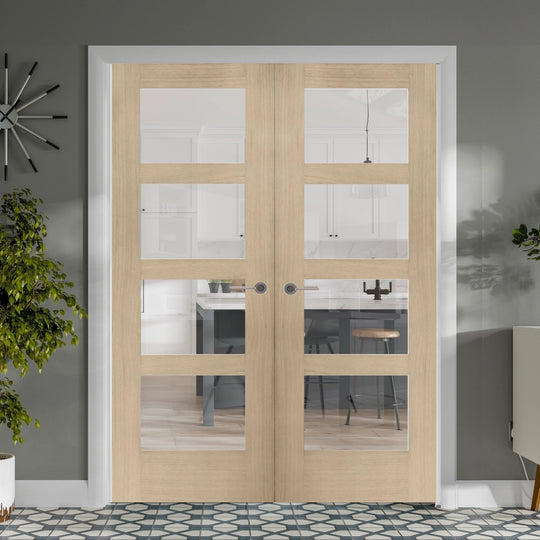 Oak Shaker Custom Stained Clear Glazed French Doors