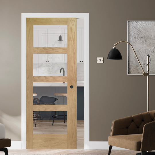 Shaker Oak Clear Glazed Internal Pocket Door Set