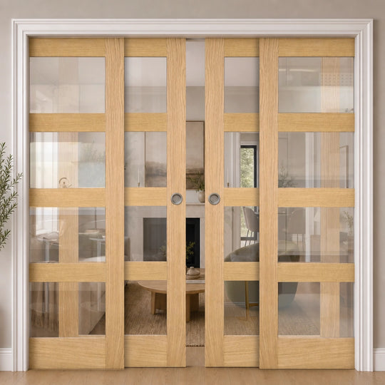 Shaker Oak 4L Fully Finished Clear Glazed 4 Door Telescopic Pocket Door System