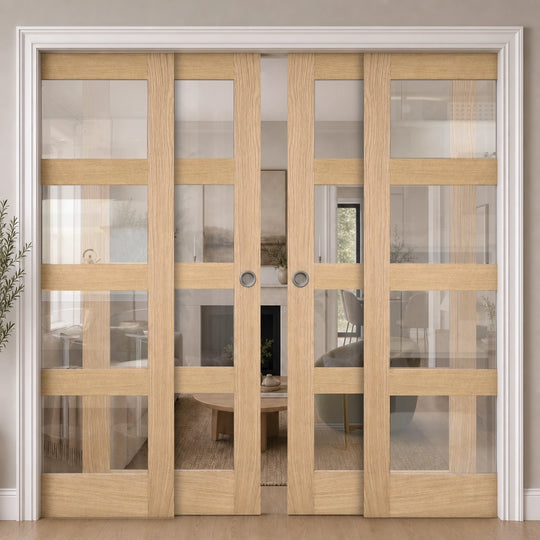 Shaker Oak 4L Clear Glazed 4 Door Telescopic Pocket Door System