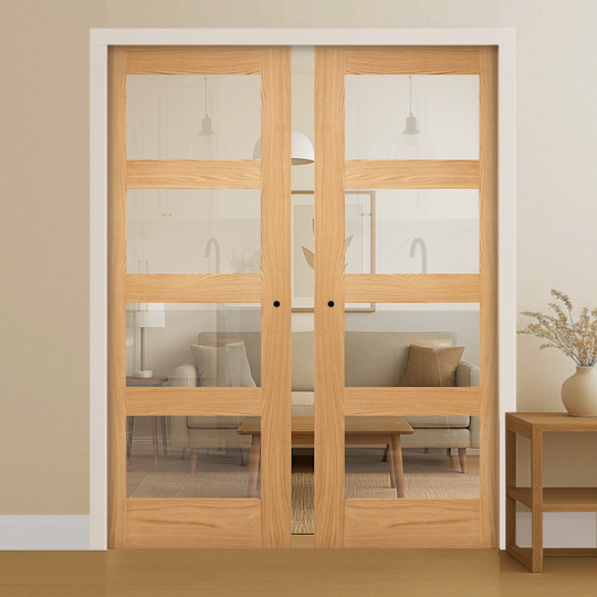 Shaker Oak Clear Glazed Double Pocket Door