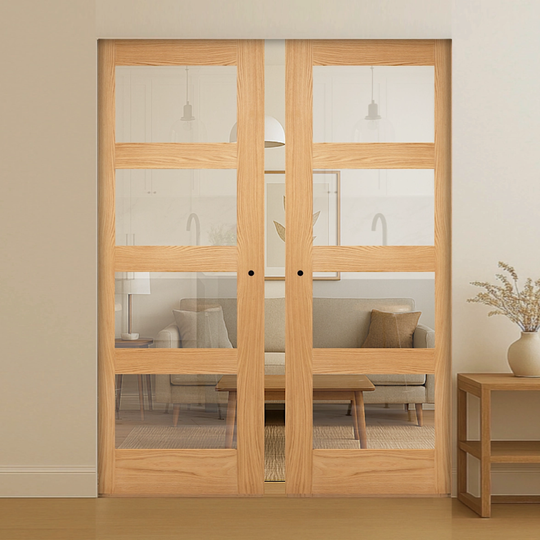 Shaker Oak Clear Glazed Flush Double Pocket Door Set
