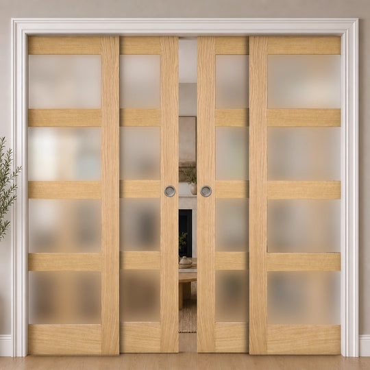 Shaker Oak 4L Fully Finished Obscure Glazed 4 Door Telescopic Pocket Door System