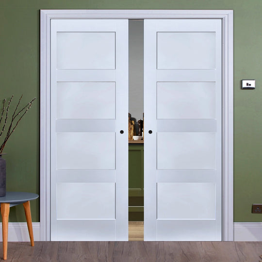 Shaker 4 Panel White Double Pocket Door Set