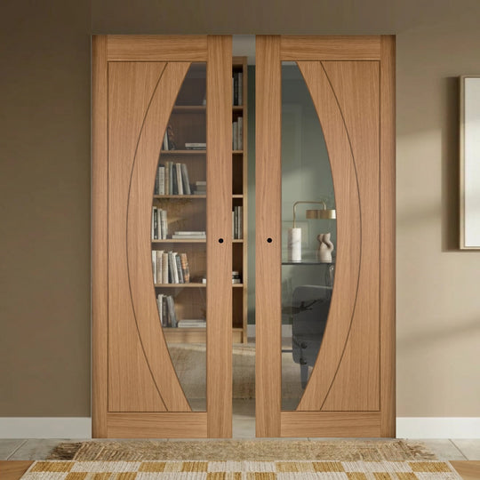 Sicily Oak Clear Glazed Flush Double Pocket Door Set