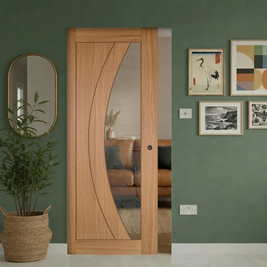 Sicily Oak Clear Glazed Flush Pocket Door Set