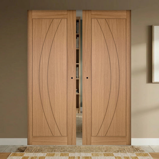 Sicily Oak Flush Double Pocket Door Set Fully Finished