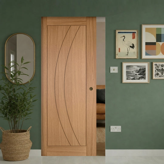 Sicily Oak Flush Pocket Door Set Fully Finished