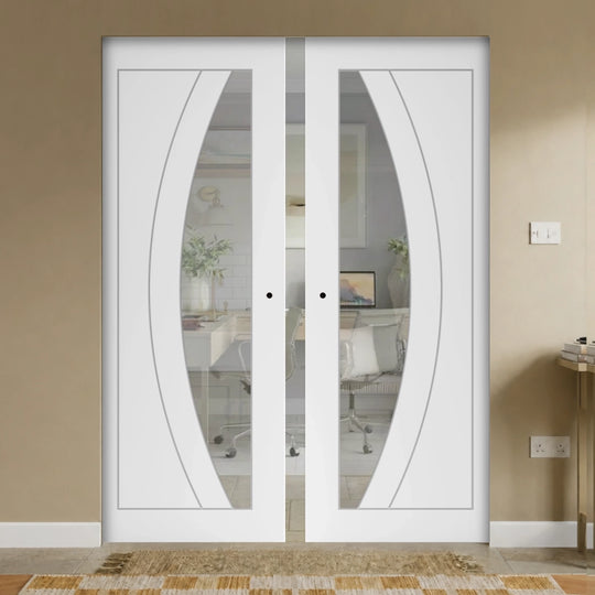 Sicily White Clear Glazed Double Flush Pocket Door Set