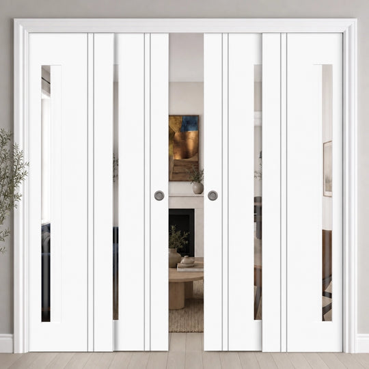 White Sierra Blanco Long Light Glazed 4 Door Telescopic Pocket Door System