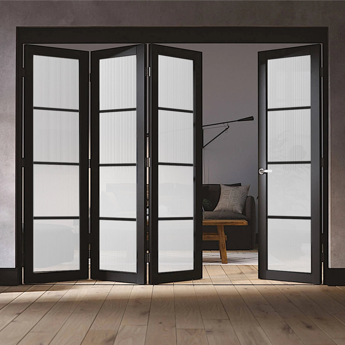 Soho 4 Door Reeded Glazed Industrial Style Folding Doors – Emerald Doors