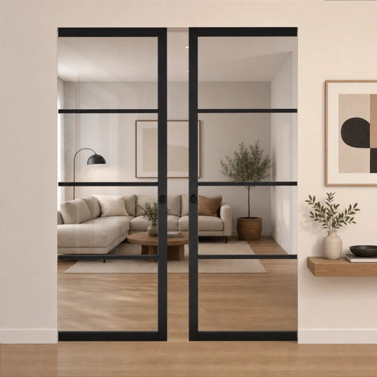 Black Soho 4L Clear Glazed Flush Double Pocket Door Set