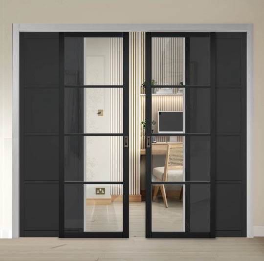 Soho Black 4L Sliding French Doors with Fixed Panels