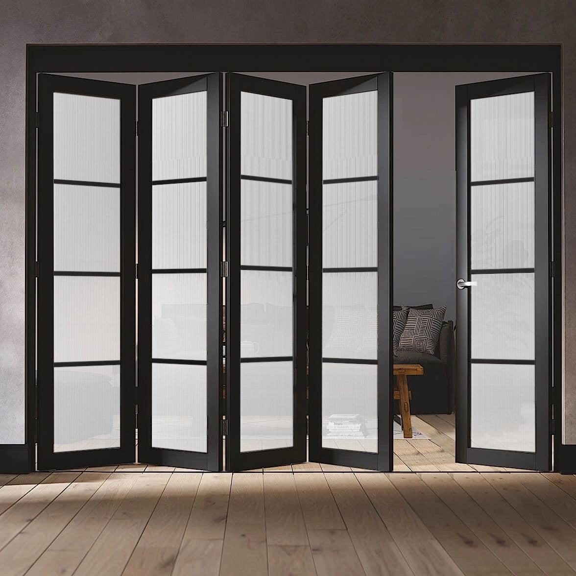 Soho 5 Door Reeded Glazed Industrial Style Folding Doors – Emerald Doors