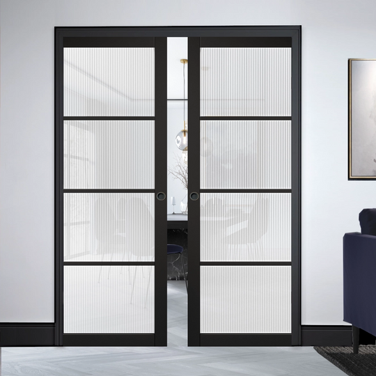 Black Soho 4L Reeded Glazed Double Pocket Door Set