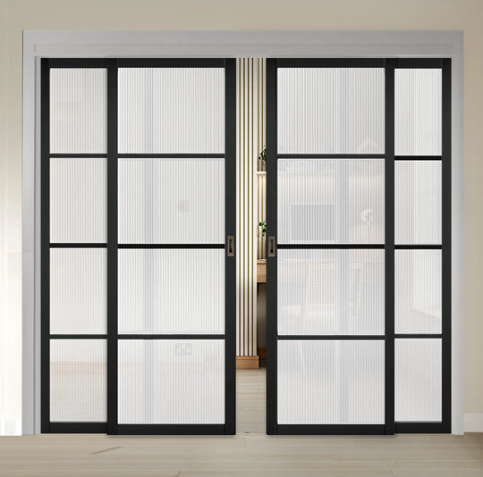 Soho Black Reeded Glazed Sliding French Doors with Fixed Panels