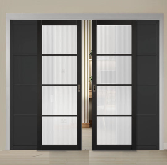 Soho Black Reeded Glazed Sliding French Doors with Fixed Panel