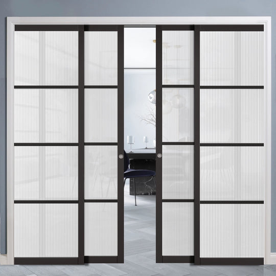 Black Soho Reeded Glazed 4 Door Telescopic Pocket Door System