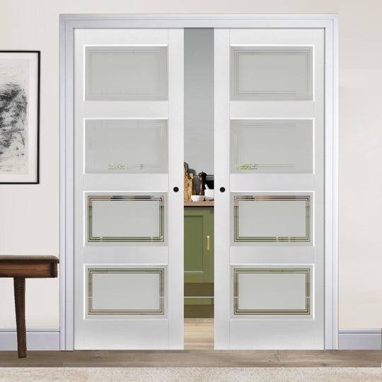 Solid White Contemporary 4L Double Pocket Door Set