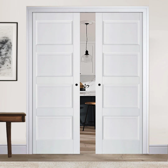 Solid White Contemporary 4P Double Pocket Door Set