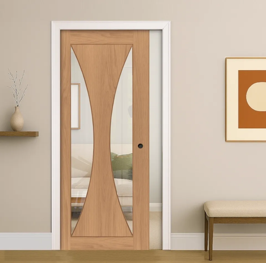 Sorrento Oak Clear Glazed Pocket Door Set Fully Finished
