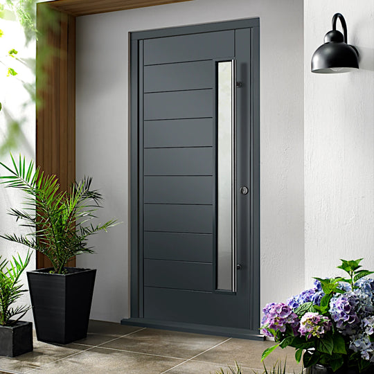 Stockholm Grey Glazed Premium Hardwood External Door with Pull Bar Handle