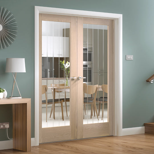 Oak Suffolk Custom Stained Etched Glazed French Doors