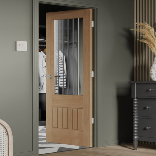 Suffolk Essential Oak 2XG Internal Door with Clear Etched Glass Fully Finished