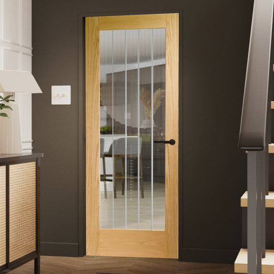 Suffolk Essential Oak Pattern 10 Door with Clear Etched Glass Fully Finished