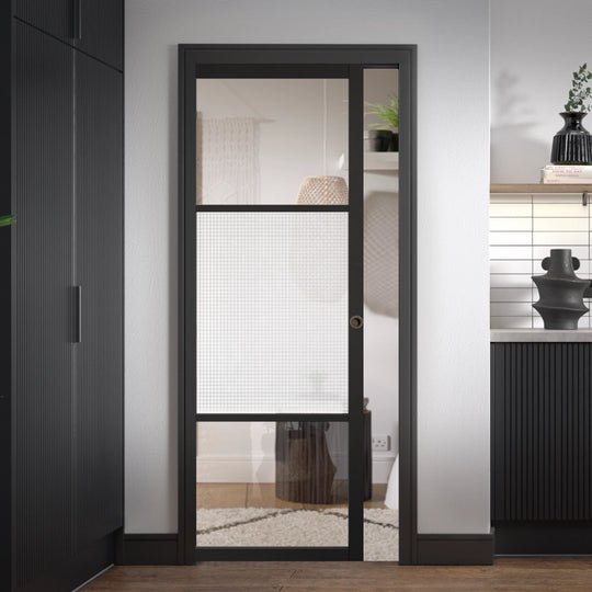 Sutton Black Reeded Glazed Pocket Door Set