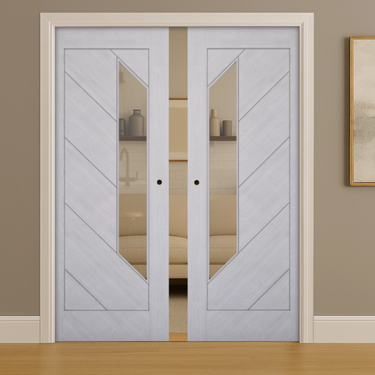 Torino Light Grey Clear Glazed Double Pocket Door Set