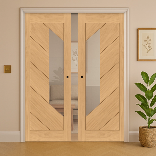 Torino Oak Clear Glazed Double Pocket Door Set